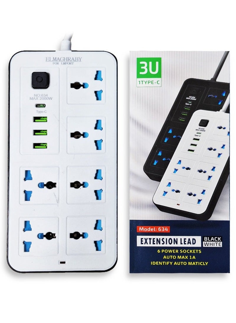 Electric Power strip multicolour - 2500 watt, Auto max 10 A / 220-250V , with 6 Outlet , 200 CM cable , 3 Port USB and 1 port type-c for Laptop, PC, MacBook , Home and Office Electrical appliances and Mobile charger - Image 4